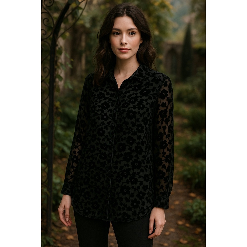 Carole Little Silk Blend Black Velvet Burnout Top Small